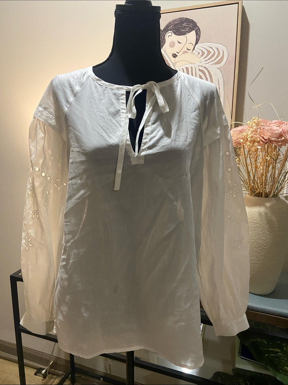 Women's White Tie-Neck Embroidered Sleeve Tunic Top